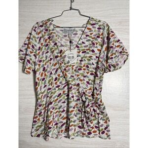 NWT Alex & Parker Short Sleeve Peplum Wrap Multicolor Umbrella Blouse Sz Lg